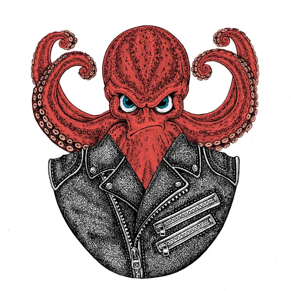 Octopus. Vintage cartoon character. Octopus wearing biker motorcycle leather jacket. Fantasy creature for t-shirt, badge, logo, poster, emblem