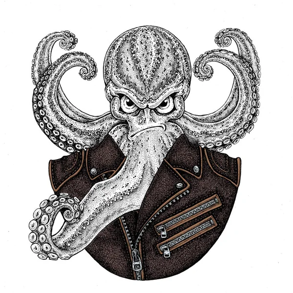 Pulpo. Personaje de dibujos animados vintage. Pulpo vistiendo chaqueta de moto de cuero. Fantasy creature for t-shirt, badge, logo, poster, emblema —  Fotos de Stock