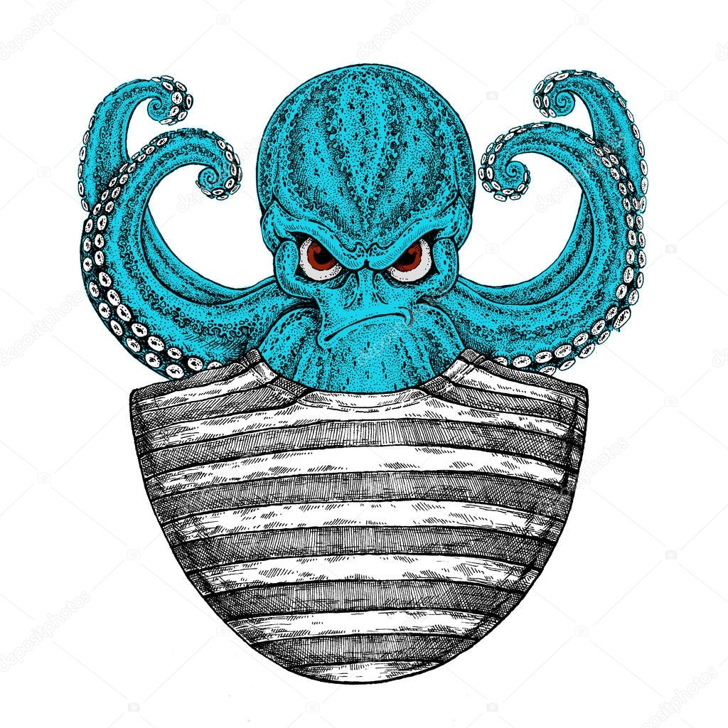 Octopus. Vintage cartoon character. Fantasy octopus sailor, navy, seaman.