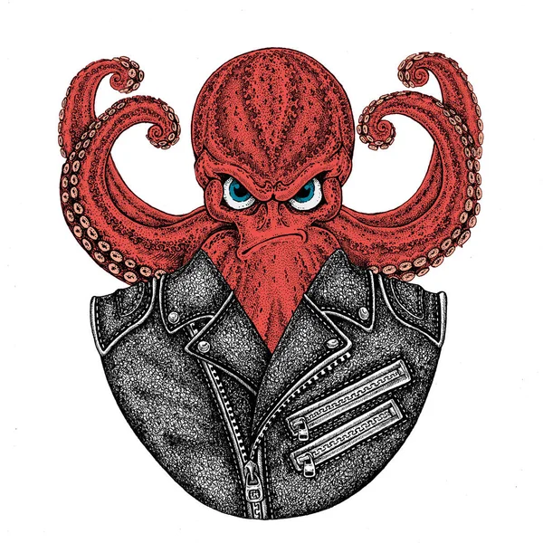 Pulpo. Personaje de dibujos animados vintage. Pulpo vistiendo chaqueta de moto de cuero. Fantasy creature for t-shirt, badge, logo, poster, emblema —  Fotos de Stock