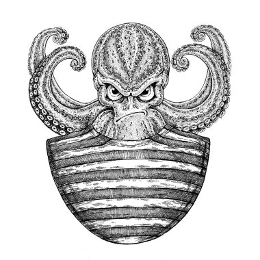 Ahtapot. Vintage çizgi film karakteri. Yaratık t-shirt, rozet, logo, afiş, amblem için