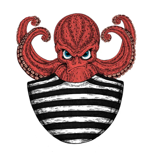 Blekksprut. Vintage tegneseriefigur. Fantastisk blekksprut sjømann, marine, sjømann. Skapning for t-skjorte, skilt, logo, plakat, emblem – stockfoto