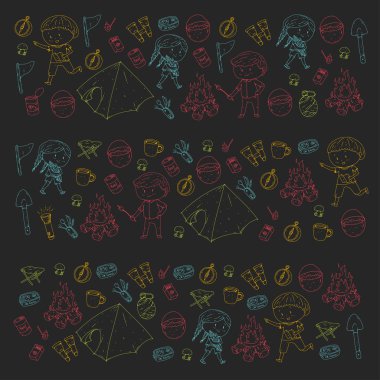 Çocuklar kamp anaokulu, çocuk yaz okulu tatil yaz ve çizim stili genç izci açık macera çocuklar keşfetmek sping orman yürüyüş ve Turizm