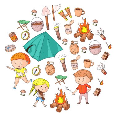 Çocuklar kamp anaokulu, çocuk yaz okulu tatil yaz ve çizim stili genç izci açık macera çocuklar keşfetmek sping orman yürüyüş ve Turizm