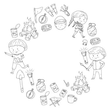 Çocuklar kamp anaokulu, çocuk yaz okulu tatil yaz ve çizim stili genç izci açık macera çocuklar keşfetmek sping orman yürüyüş ve Turizm