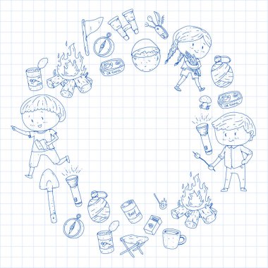 Çocuklar kamp anaokulu, çocuk yaz okulu tatil yaz ve çizim stili genç izci açık macera çocuklar keşfetmek sping orman yürüyüş ve Turizm