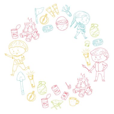 Çocuklar kamp anaokulu, çocuk yaz okulu tatil yaz ve çizim stili genç izci açık macera çocuklar keşfetmek sping orman yürüyüş ve Turizm