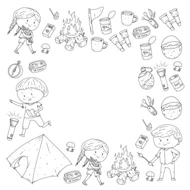 Çocuklar kamp anaokulu, çocuk yaz okulu tatil yaz ve çizim stili genç izci açık macera çocuklar keşfetmek sping orman yürüyüş ve Turizm