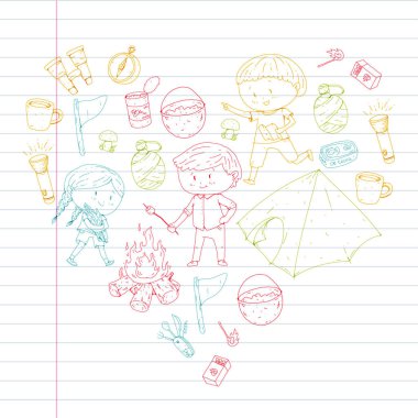 Çocuklar kamp anaokulu, çocuk yaz okulu tatil yaz ve çizim stili genç izci açık macera çocuklar keşfetmek sping orman yürüyüş ve Turizm