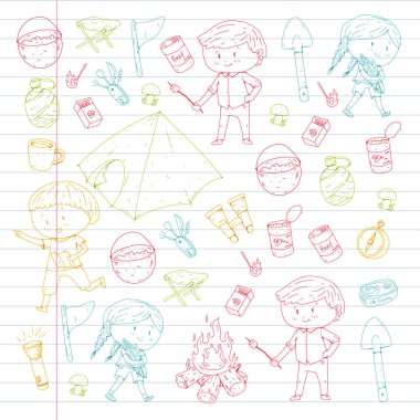 Çocuklar kamp anaokulu, çocuk yaz okulu tatil yaz ve çizim stili genç izci açık macera çocuklar keşfetmek sping orman yürüyüş ve Turizm