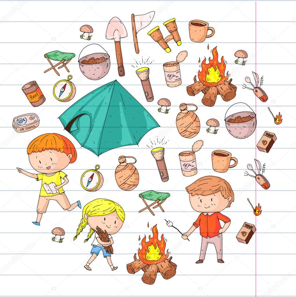 Children summer camping Kindergarten, school vacation with kids Summer and sping outdoor adventure Kids drawing style Young scouts explore forest Hiking and tourism