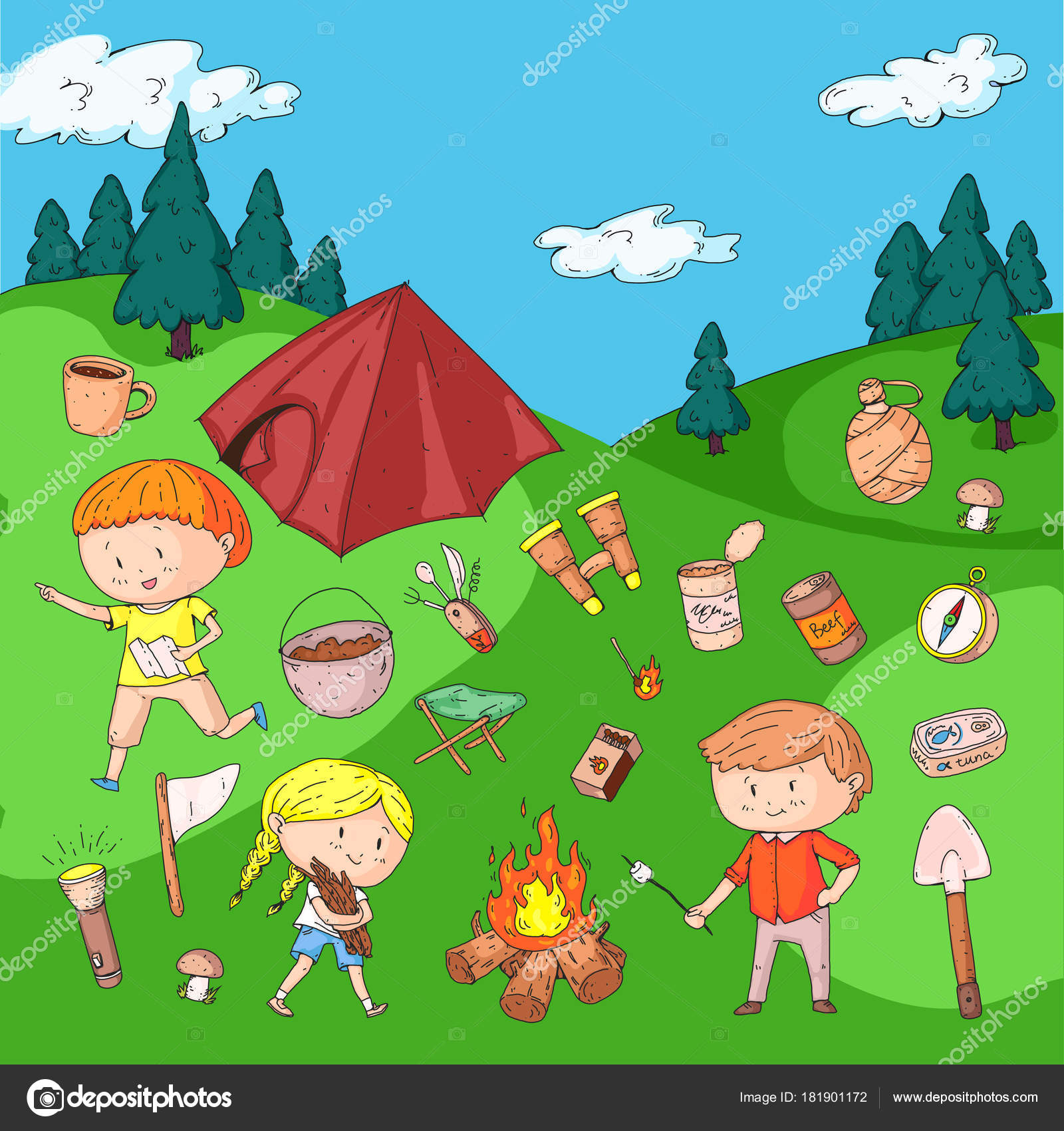 Children Camping Summer Camp Scouts Adventure Hiking Exploration School And Kindergarten Kids Children Drawing Kids Drawing Illustration Style Vector Image Vector Image By C Helen F Vector Stock 181901172