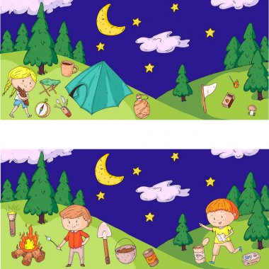 Çocuklar kamp. Yaz kampı. İzciler, Macera, Hiking, keşif. Okulu ve anaokulu çocukları. Çizim çocuklar. Şekil Stili çizim çocuklar. Vektör görüntü