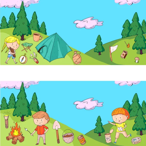 Niños acampando. Campamento de verano. Exploradores, aventura, senderismo, exploración. Niños de la escuela y el jardín de infantes. Niños dibujando. Niños dibujando estilo ilustración. Imagen vectorial — Archivo Imágenes Vectoriales