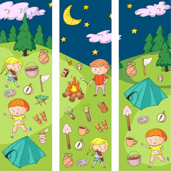 Çocuklar kamp. Yaz kampı. İzciler, Macera, Hiking, keşif. Okulu ve anaokulu çocukları. Çizim çocuklar. Şekil Stili çizim çocuklar. Vektör görüntü