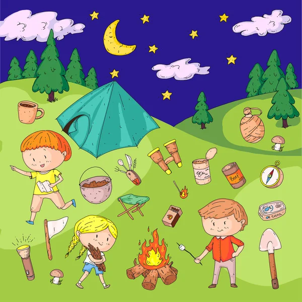 Niños acampando. Campamento de verano. Exploradores, aventura, senderismo, exploración. Niños de la escuela y el jardín de infantes. Niños dibujando. Niños dibujando estilo ilustración. Imagen vectorial — Vector de stock