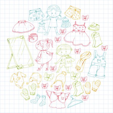 Çocuk anaokulu erkek ve kız giysileri ile yeni giyim koleksiyonu giyim elbise, pantolon, Ayakkabı, şapka, kapaklar, eldiven, eşarp. Prenses elbiseler