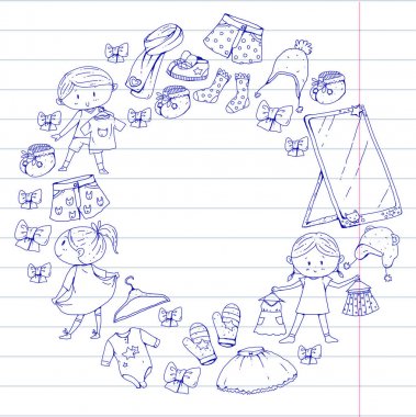 Çocuk anaokulu erkek ve kız giysileri ile yeni giyim koleksiyonu giyim elbise, pantolon, Ayakkabı, şapka, kapaklar, eldiven, eşarp. Prenses elbiseler