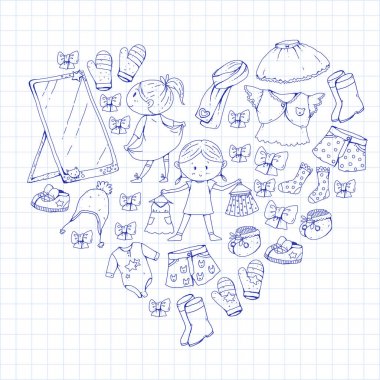 Çocuk anaokulu erkek ve kız giysileri ile yeni giyim koleksiyonu giyim elbise, pantolon, Ayakkabı, şapka, kapaklar, eldiven, eşarp. Prenses elbiseler