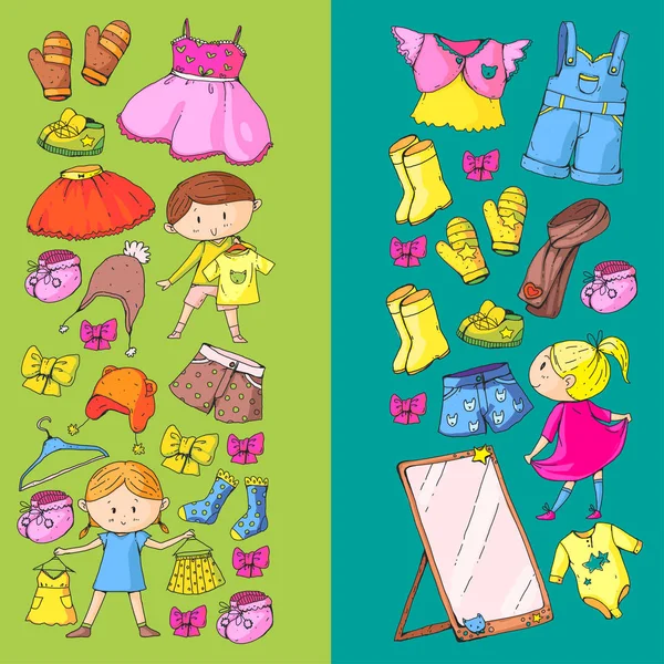 Crianças roupas meninos e meninas do jardim de infância com roupas Nova coleção de roupas Vestidos, calças, sapatos, chapéus, bonés, luvas, cachecol. Princesa vestidos —  Vetores de Stock