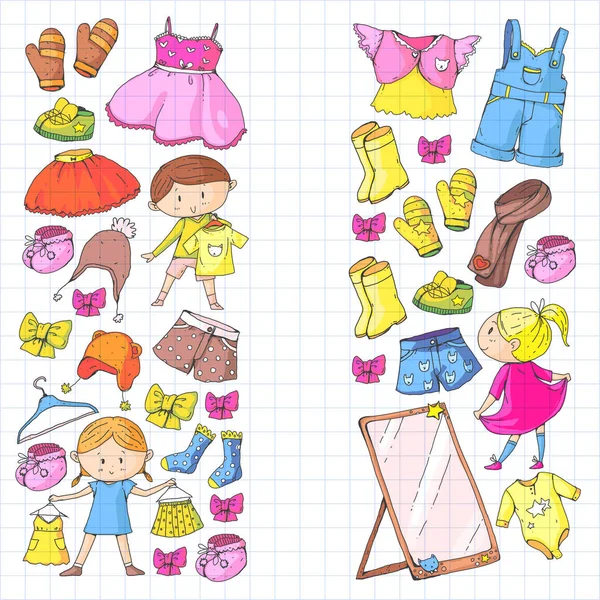 Kinderen kleding kleuterschool jongens en meisjes met kleren nieuwe kleding collectie jurken, broeken, schoenen, hoeden, caps, handschoenen, sjaal. Prinses jurken — Stockvector