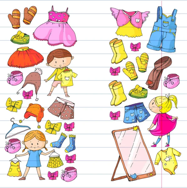 Kinderen kleding kleuterschool jongens en meisjes met kleren nieuwe kleding collectie jurken, broeken, schoenen, hoeden, caps, handschoenen, sjaal. Prinses jurken — Stockvector