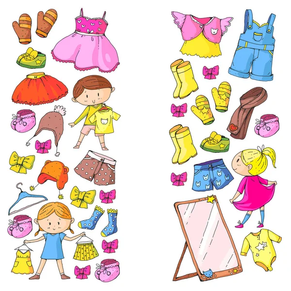 Crianças roupas meninos e meninas do jardim de infância com roupas Nova coleção de roupas Vestidos, calças, sapatos, chapéus, bonés, luvas, cachecol. Princesa vestidos —  Vetores de Stock