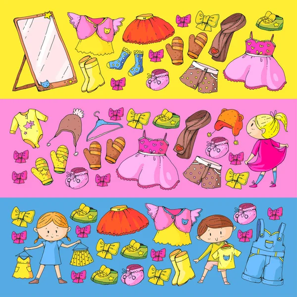 Dětské oblečení mateřská škola chlapci a dívky s oblečením nové kolekce oblečení šaty, kalhoty, boty, klobouky, čepice, rukavice, šály. Princezna šaty — Stockový vektor