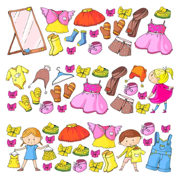 Детская одежда Детская одежда Детский сад мальчики и девочки с одеждой Новая коллекция одежды Платья, брюки, обувь, шляпы, шапки, перчатки, шарф. Платья принцессы — стоковый вектор
