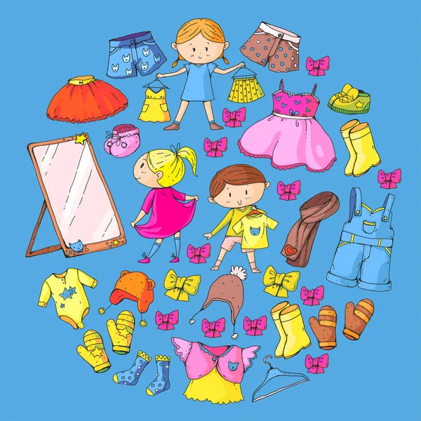 Ropa para niños Kindergarten niños y niñas con ropa Nueva colección de ropa Vestidos, pantalones, zapatos, sombreros, gorras, guantes, bufanda. Vestidos de princesa — Archivo Imágenes Vectoriales