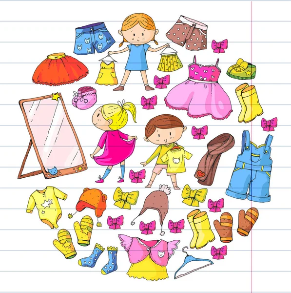 Dzieci Odzież przedszkola chłopców i dziewcząt z ubrania Nowa kolekcja odzieży sukienki, Spodnie, buty, kapelusze, czapki, rękawiczki, szalik. Księżniczka sukienki — Wektor stockowy