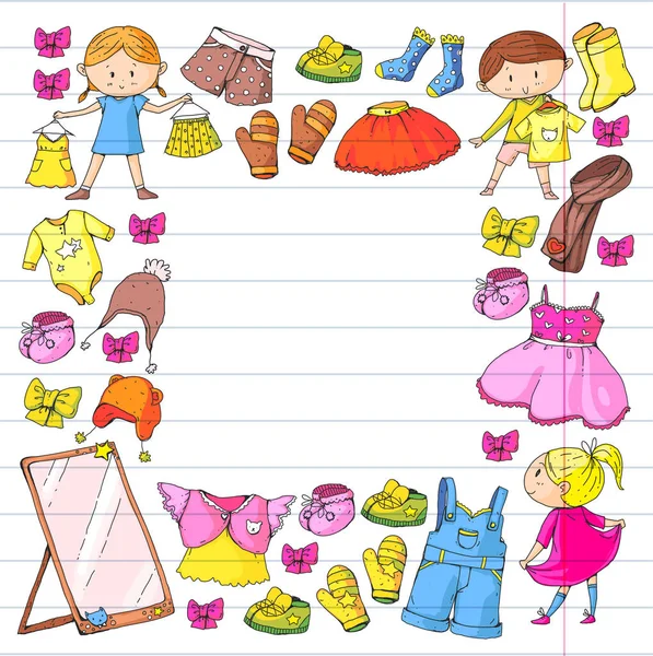 Barn kläder dagis pojkar och flickor med kläder nya klädkollektionen klänningar, byxor, skor, hattar, mössor, handskar, halsduk. Princess klänningar — Stock vektor