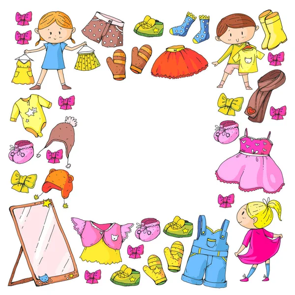 Ropa para niños Kindergarten niños y niñas con ropa Nueva colección de ropa Vestidos, pantalones, zapatos, sombreros, gorras, guantes, bufanda. Vestidos de princesa — Vector de stock