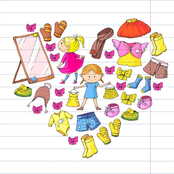 Dětské oblečení mateřská škola chlapci a dívky s oblečením nové kolekce oblečení šaty, kalhoty, boty, klobouky, čepice, rukavice, šály. Princezna šaty — Stockový vektor
