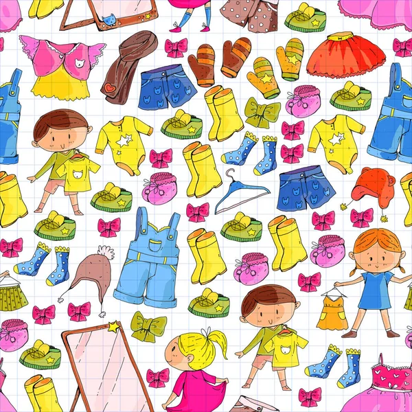 Ropa para niños Kindergarten niños y niñas con ropa Nueva colección de ropa Vestidos, pantalones, zapatos, sombreros, gorras, guantes, bufanda. Vestidos de princesa — Vector de stock