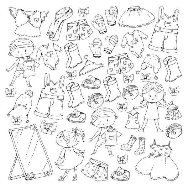 Детская одежда Детская одежда Детский сад мальчики и девочки с одеждой Новая коллекция одежды Платья, брюки, обувь, шляпы, шапки, перчатки, шарф. Платья принцессы — стоковый вектор