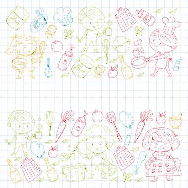 Chilren menüsü, çocuklar kafe, Restoran. Anaokulu ve okul öncesi, okul erkek ve kız. Sağlıklı yiyecek ve içecek. Ekmek, meyve, sebze. Yemek kursuna.