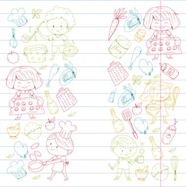 Chilren menüsü, çocuklar kafe, Restoran. Anaokulu ve okul öncesi, okul erkek ve kız. Sağlıklı yiyecek ve içecek. Ekmek, meyve, sebze. Yemek kursuna.