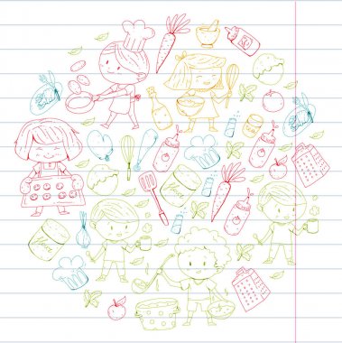 Chilren menüsü, çocuklar kafe, Restoran. Anaokulu ve okul öncesi, okul erkek ve kız. Sağlıklı yiyecek ve içecek. Ekmek, meyve, sebze. Yemek kursuna.