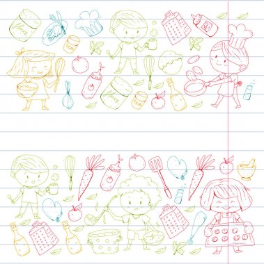 Chilren menüsü, çocuklar kafe, Restoran. Anaokulu ve okul öncesi, okul erkek ve kız. Sağlıklı yiyecek ve içecek. Ekmek, meyve, sebze. Yemek kursuna.