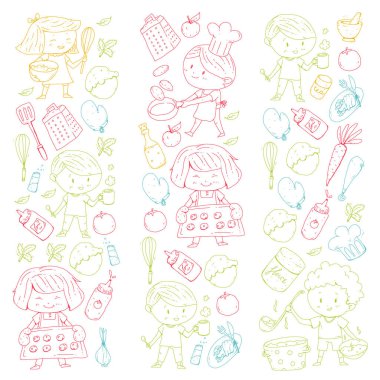 Chilren menüsü, çocuklar kafe, Restoran. Anaokulu ve okul öncesi, okul erkek ve kız. Sağlıklı yiyecek ve içecek. Ekmek, meyve, sebze. Yemek kursuna.