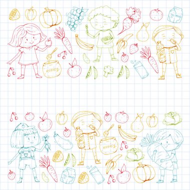 Çocuklar. Okulu ve anaokulu. Sağlıklı yiyecek ve içecekler. Çocuklar kafe. Meyve ve sebze. Kız ve erkek sağlıklı gıda ve abur cubur yiyin. Vektör doodle okul öncesi desen çizim karikatür çocuklarla