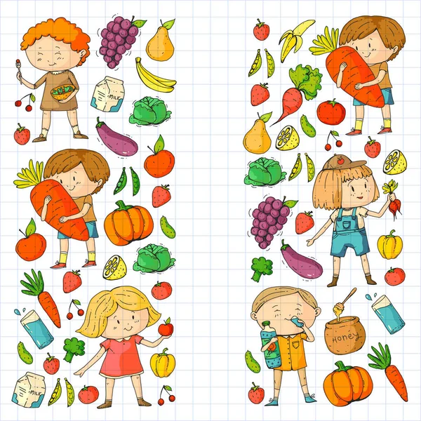 Niños. Escuela y jardín de infantes. Comida y bebidas saludables. Café para niños. Frutas y verduras. Los niños y las niñas comen alimentos y aperitivos saludables. Vector doodle patrón preescolar con dibujos animados niños dibujo — Vector de stock