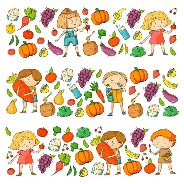 Filhos. Escola e jardim de infância. Alimentos e bebidas saudáveis. Café para crianças. Frutas e legumes. Meninos e meninas comem alimentos saudáveis e lanches. Vector doodle padrão pré-escolar com desenhos animados crianças desenho —  Vetores de Stock