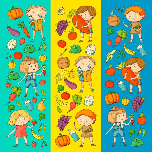 Children. School and kindergarten. Healthy food and drinks. Kids cafe. Fruits and vegetables. Boys and girls eat healthy food and snacks. Vector doodle preschool pattern with cartoons kids drawing — Stock Vector