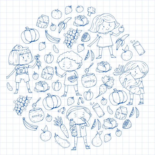 Niños. Escuela y jardín de infantes. Comida y bebidas saludables. Café para niños. Frutas y verduras. Los niños y las niñas comen alimentos y aperitivos saludables. Vector doodle patrón preescolar con dibujos animados niños dibujo — Vector de stock