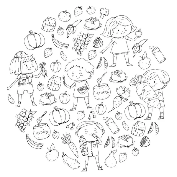 Les enfants. École et jardin d'enfants. Aliments sains et boissons. Café pour enfants. Fruits et légumes. Les garçons et les filles mangent des aliments sains et des collations. Modèle préscolaire vectoriel doodle avec dessins animés enfants dessin — Image vectorielle