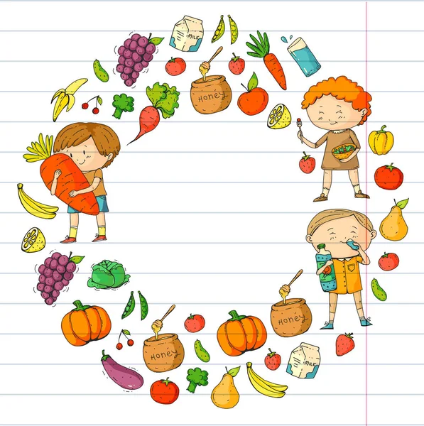 Çocuklar. Okulu ve anaokulu. Sağlıklı yiyecek ve içecekler. Çocuklar kafe. Meyve ve sebze. Kız ve erkek sağlıklı gıda ve abur cubur yiyin. Vektör doodle okul öncesi desen çizim karikatür çocuklarla — Stok Vektör