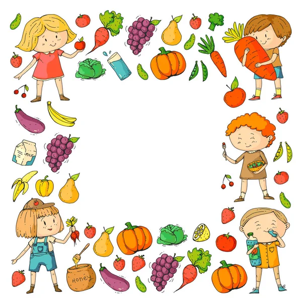 Filhos. Escola e jardim de infância. Alimentos e bebidas saudáveis. Café para crianças. Frutas e legumes. Meninos e meninas comem alimentos saudáveis e lanches. Vector doodle padrão pré-escolar com desenhos animados crianças desenho —  Vetores de Stock