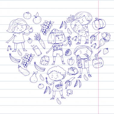 Çocuklar. Okulu ve anaokulu. Sağlıklı yiyecek ve içecekler. Çocuklar kafe. Meyve ve sebze. Kız ve erkek sağlıklı gıda ve abur cubur yiyin. Vektör doodle okul öncesi desen çizim karikatür çocuklarla